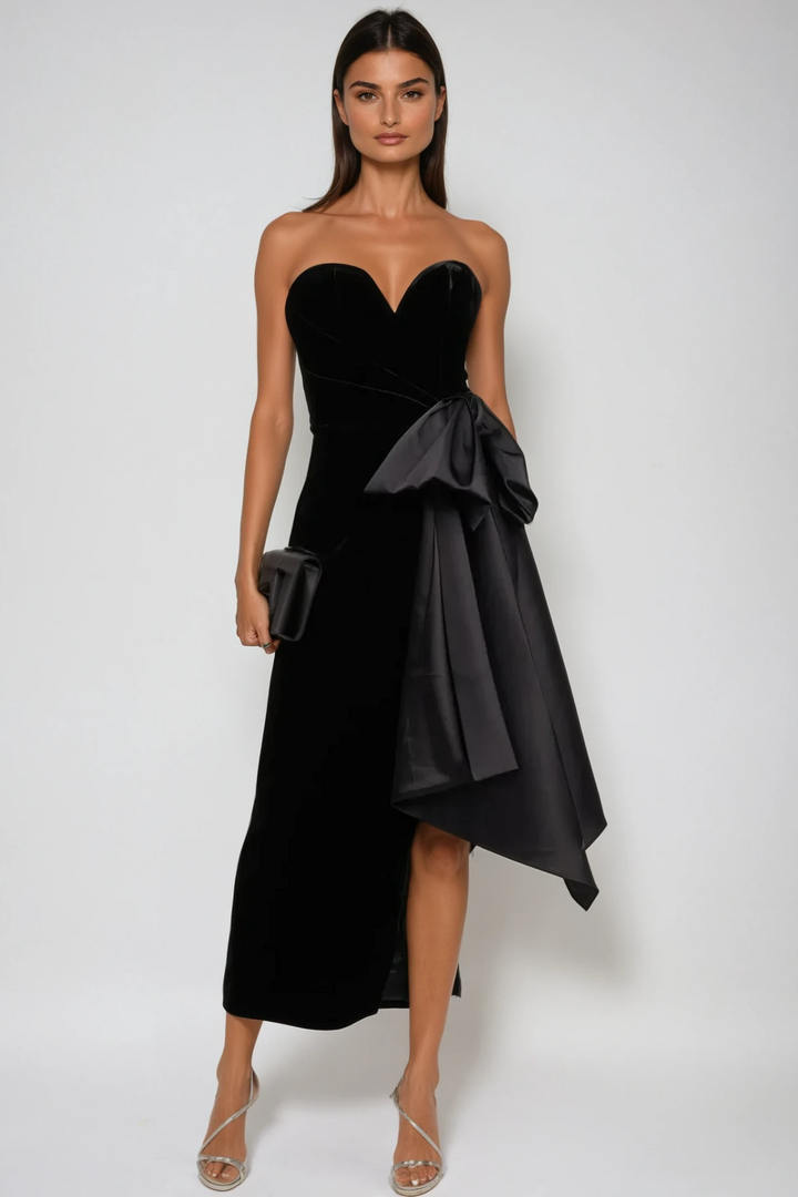 Beroe Strapless Asymmetric Bow Split Maxi Dress - Celestia Couture