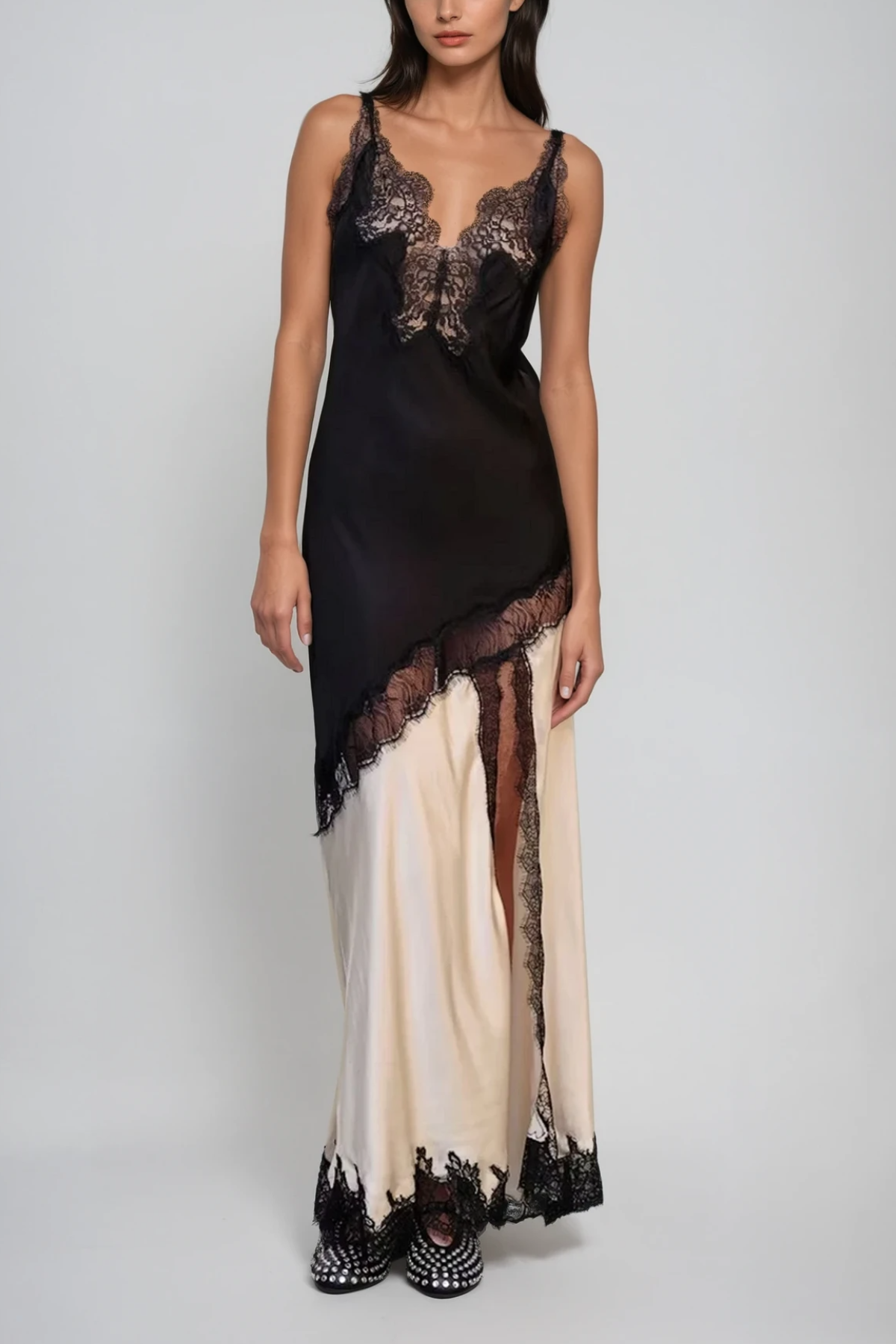 Celine Lace Plunge Satin Maxi Dress
