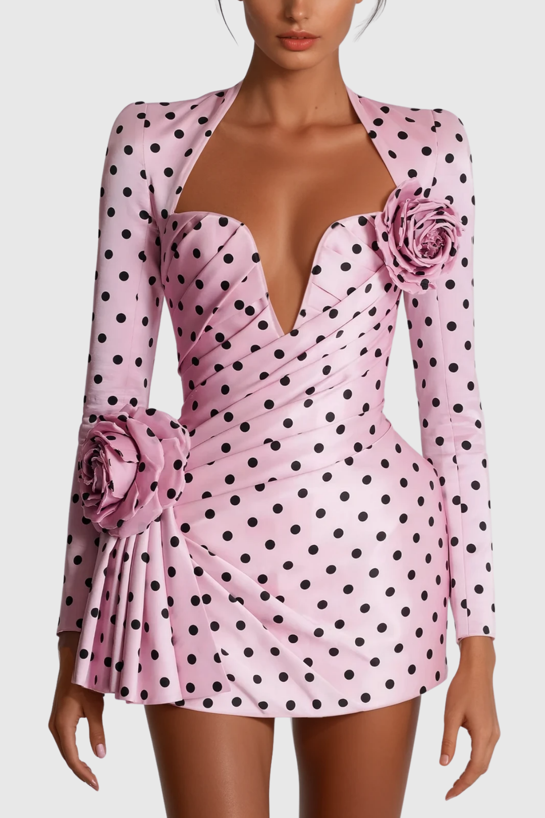 Biaggio Dot Flower Ruch Mini Dress In Pink - Celestia Couture