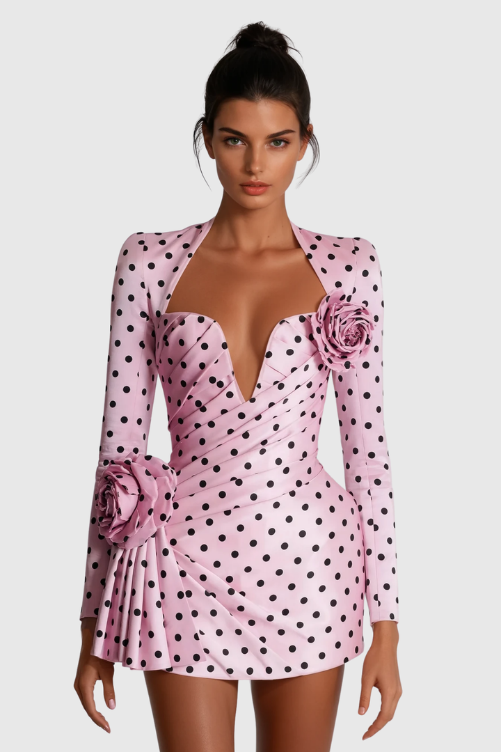 Biaggio Dot Flower Ruch Mini Dress In Pink - Celestia Couture
