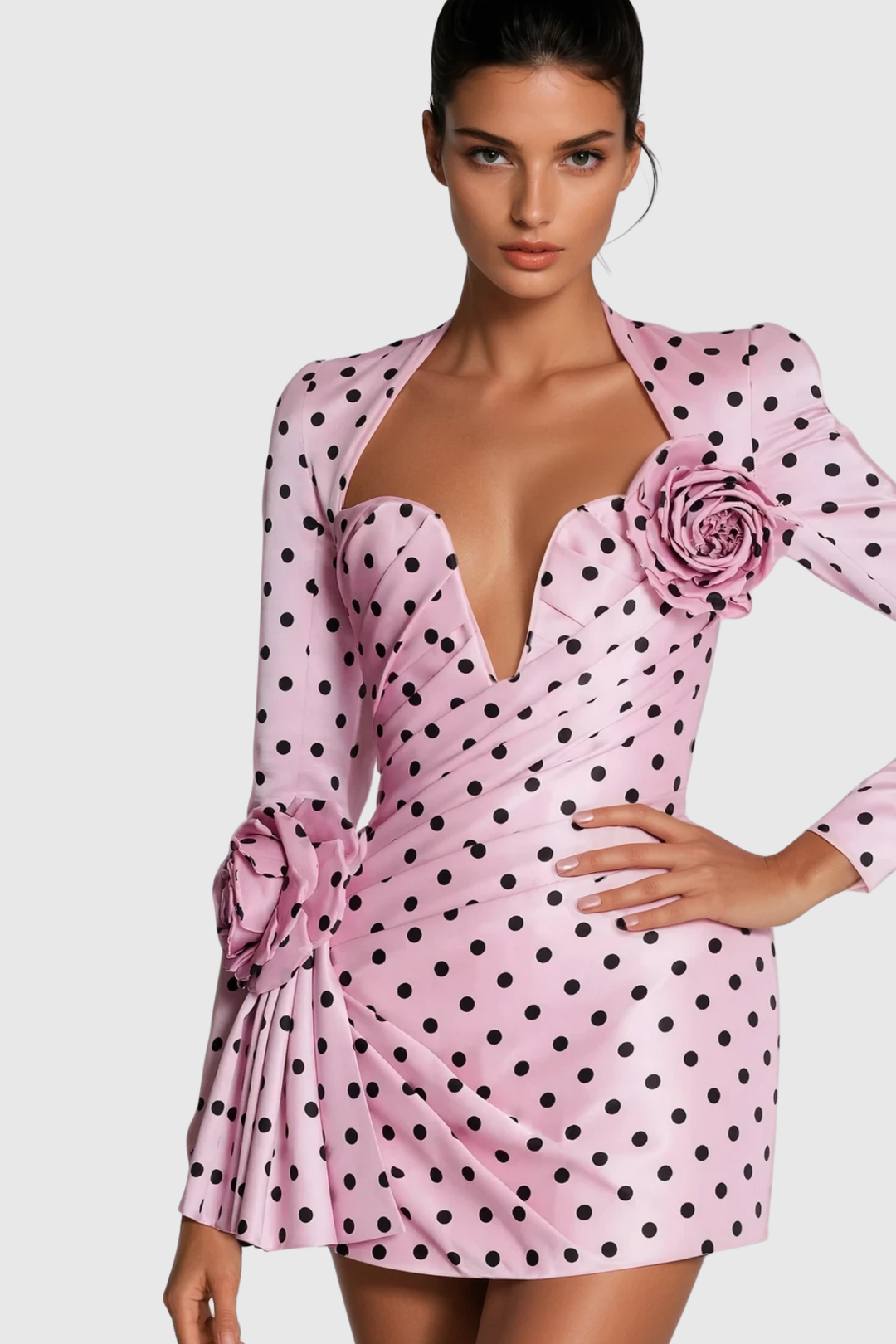 Biaggio Dot Flower Ruch Mini Dress In Pink - Celestia Couture