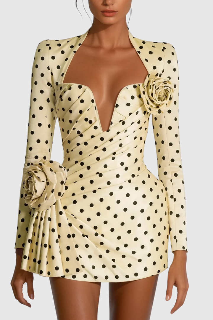 Biaggio Dot Flower Ruch Mini Dress In Yellow - Celestia Couture