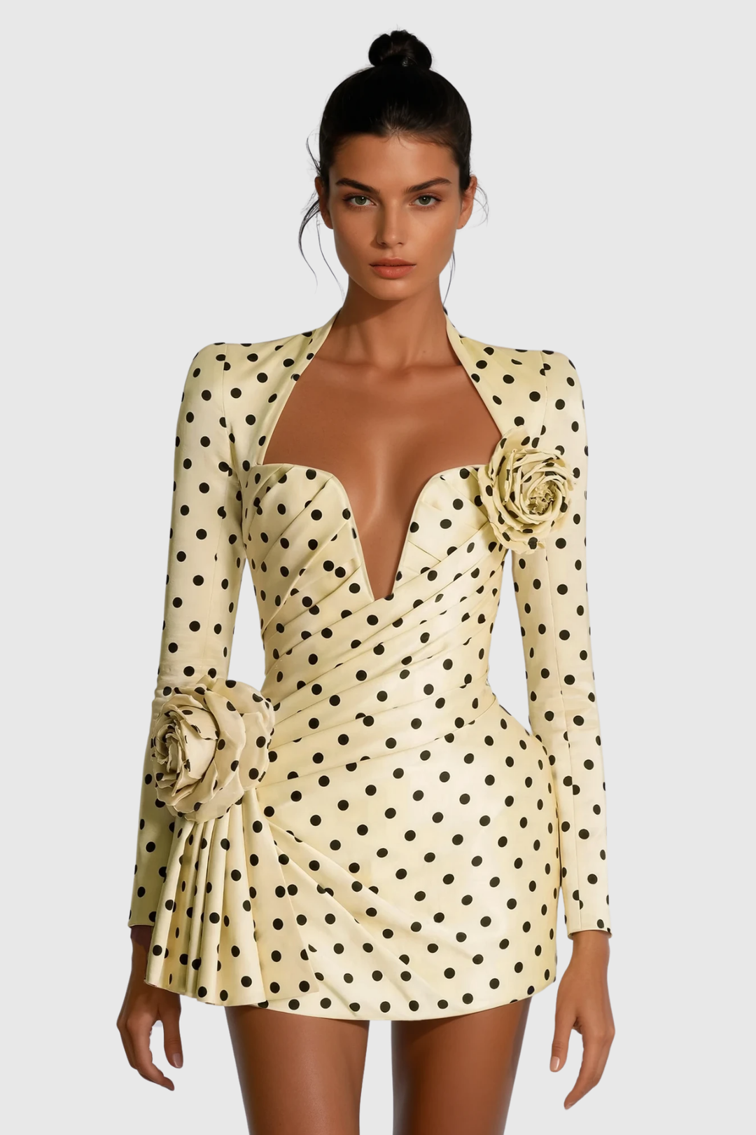 Biaggio Dot Flower Ruch Mini Dress In Yellow - Celestia Couture