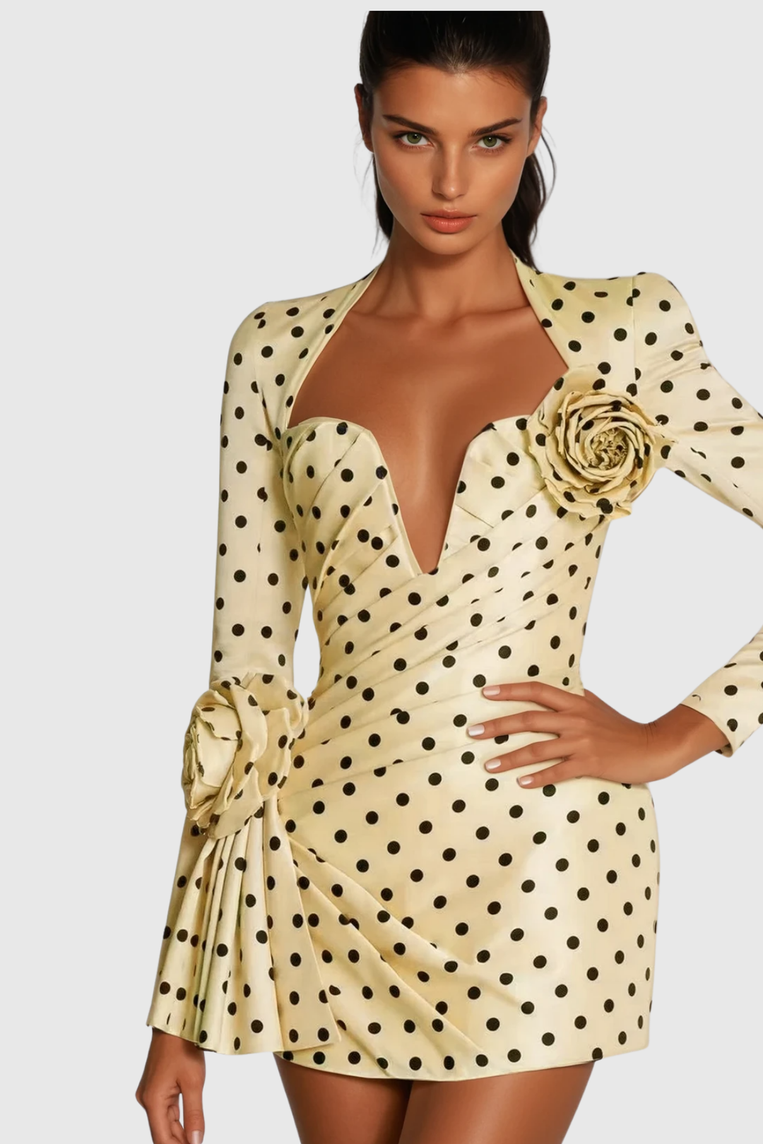 Biaggio Dot Flower Ruch Mini Dress In Yellow - Celestia Couture