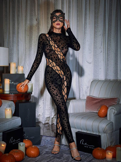 Chic Leopard Print Mesh Jumpsuit with Stylish Lace-Up Details - Celestial Couture