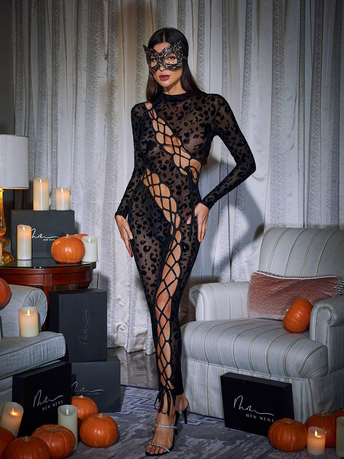 Chic Leopard Print Mesh Jumpsuit with Stylish Lace-Up Details - Celestial Couture