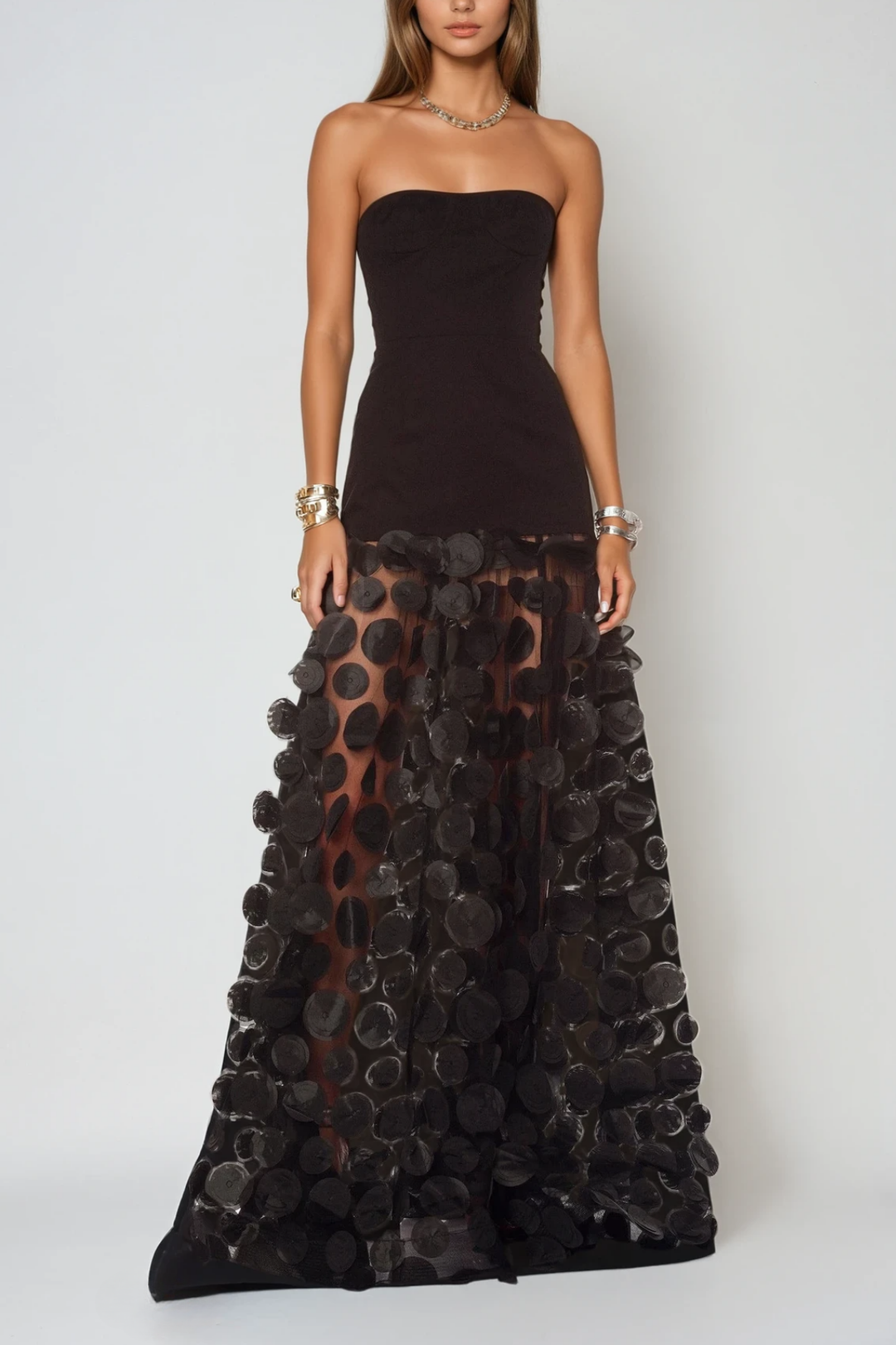 Boryana Dot Strapless Maxi Dress In Black - Celestia Couture