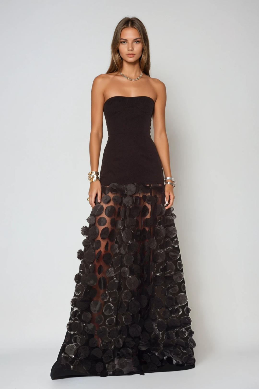 Boryana Dot Strapless Maxi Dress In Black - Celestia Couture