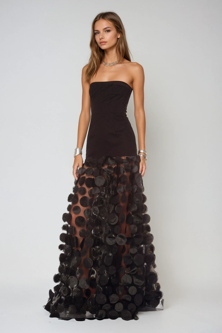 Boryana Dot Strapless Maxi Dress In Black - Celestia Couture