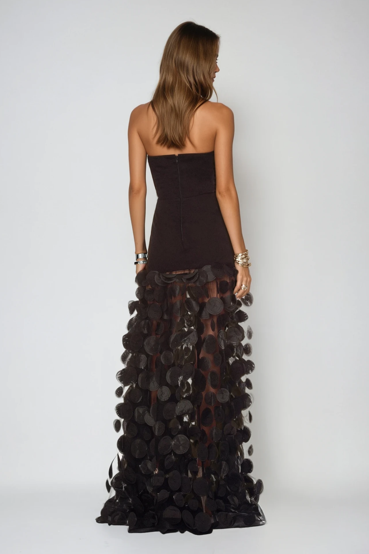 Boryana Dot Strapless Maxi Dress In Black - Celestia Couture