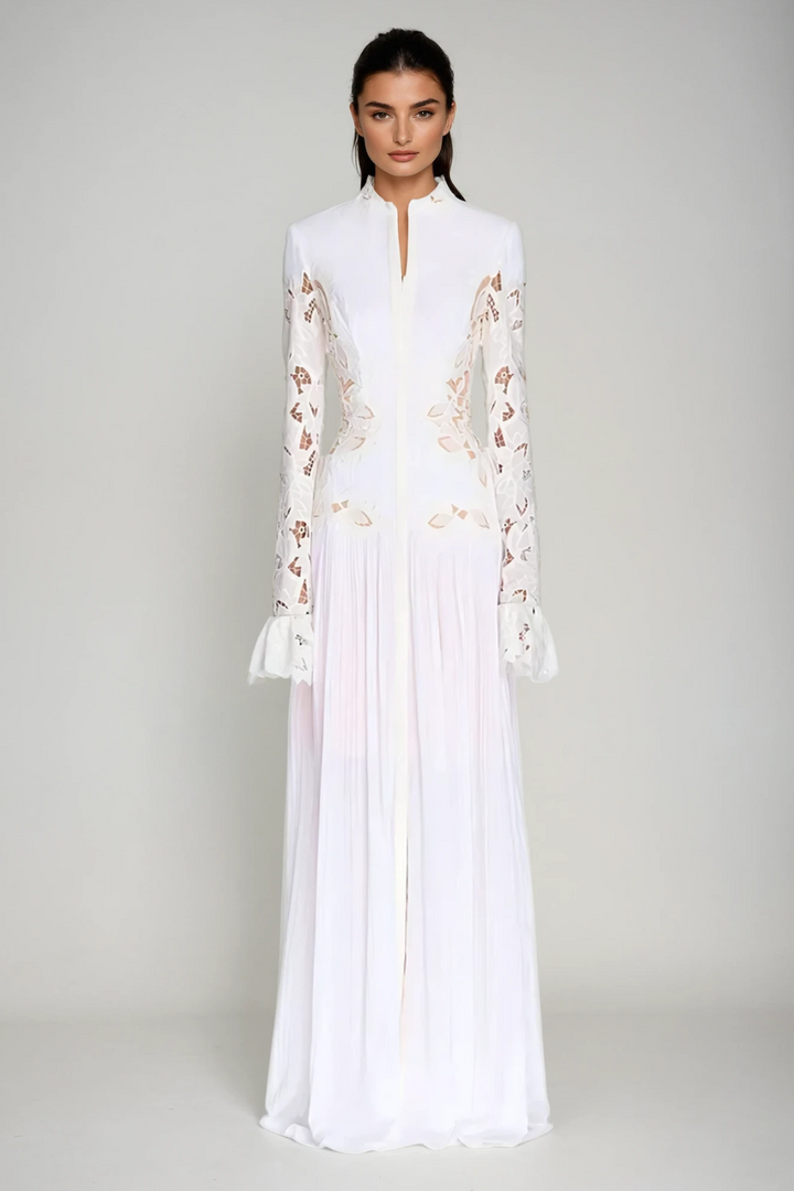 Caesarius Embroidered Ruch Lace Maxi Dress - Celestia Couture