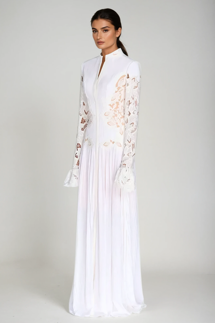Caesarius Embroidered Ruch Lace Maxi Dress - Celestia Couture