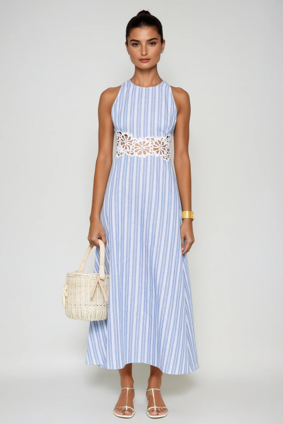 Caeso Sleeveless Stripe Cutout Maxi Dress - Celestia Couture