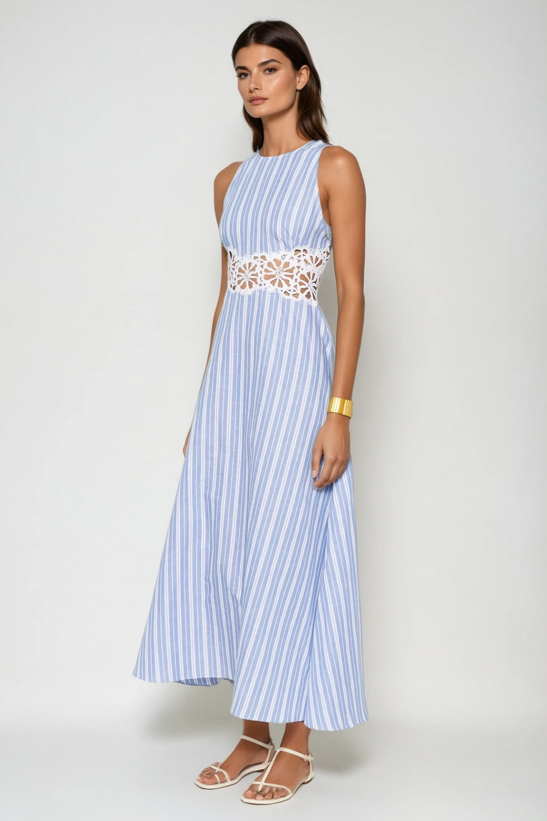 Caeso Sleeveless Stripe Cutout Maxi Dress - Celestia Couture