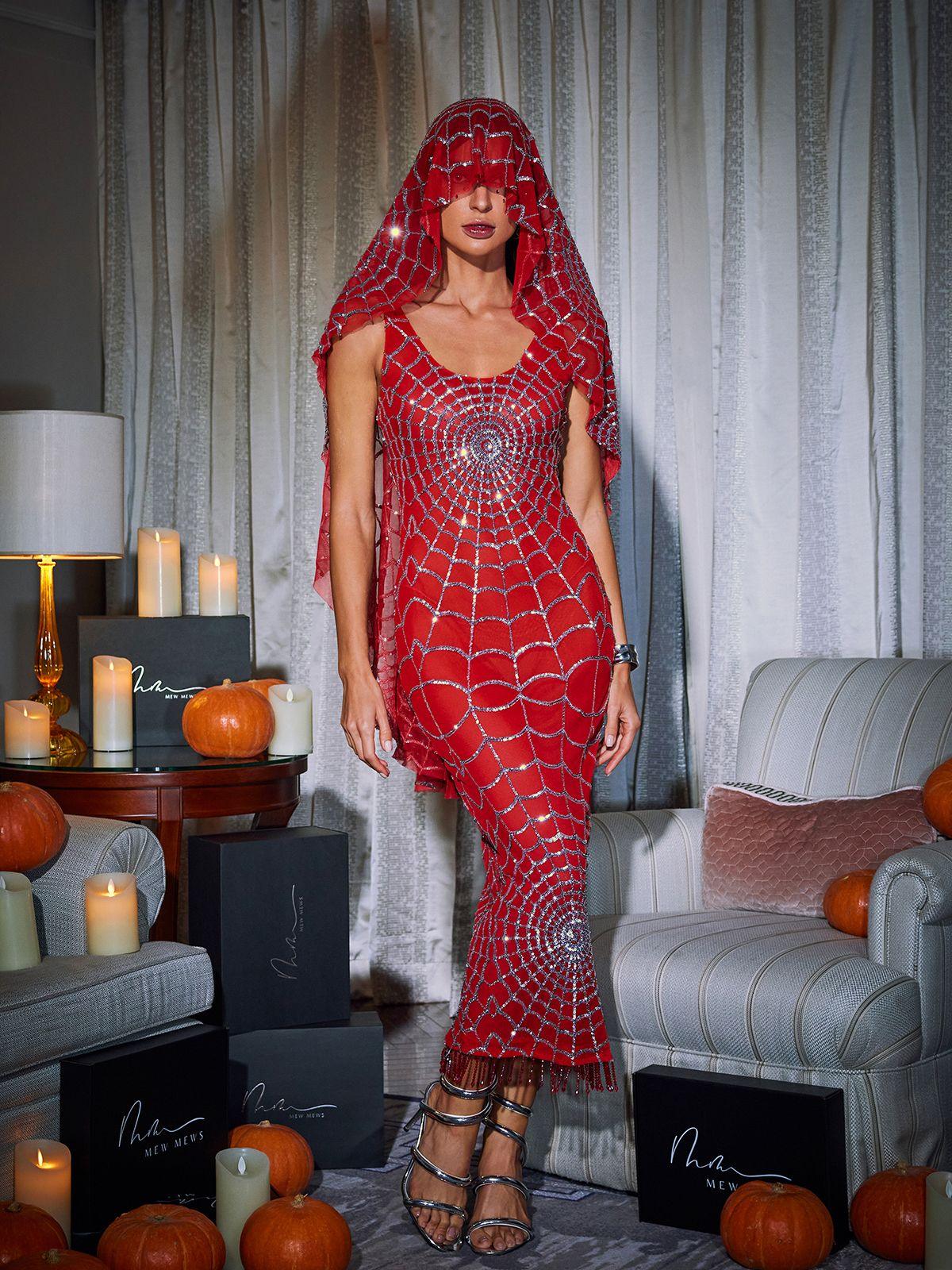 Radiant Red Cobweb Sequin Midi Dress with Scoop Neck by Calyx - Celestial Couture