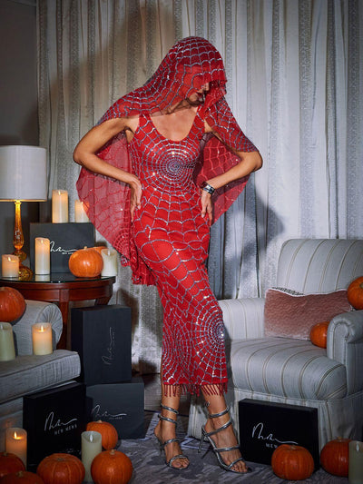 Radiant Red Cobweb Sequin Midi Dress with Scoop Neck by Calyx - Celestial Couture