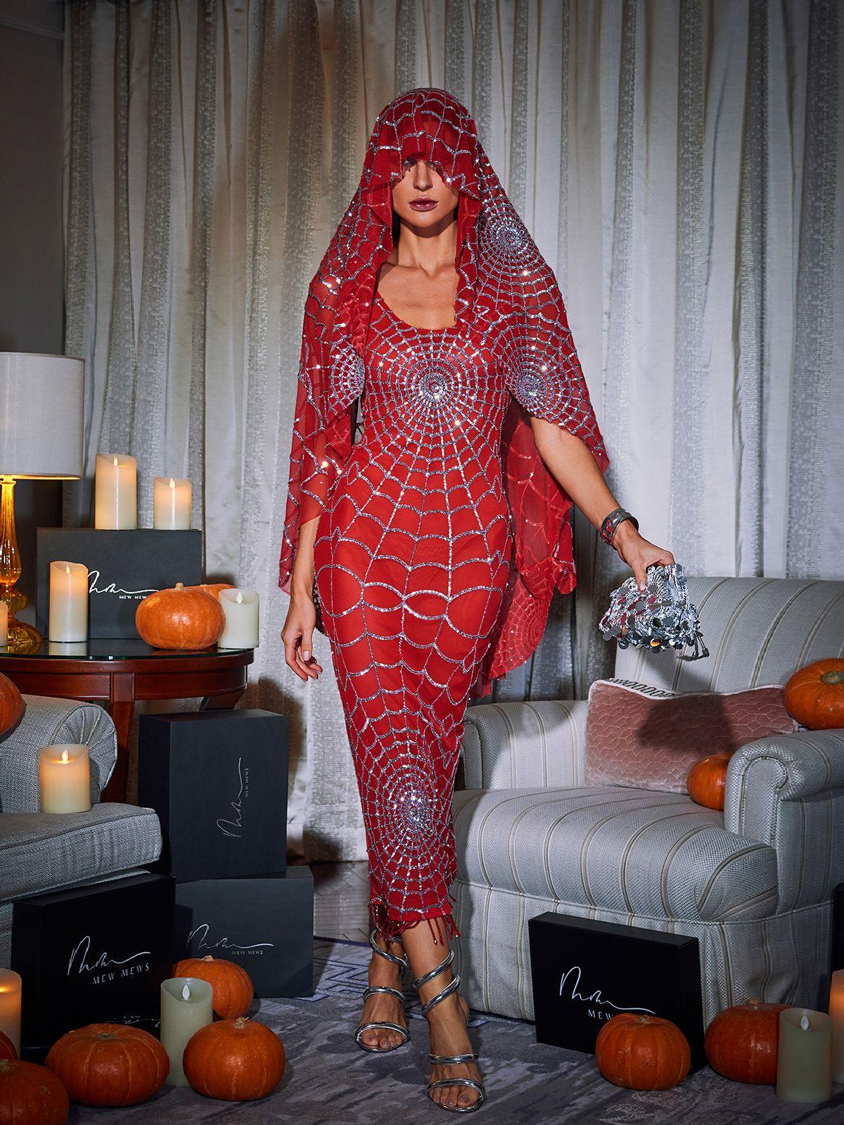 Radiant Red Cobweb Sequin Midi Dress with Scoop Neck by Calyx - Celestial Couture