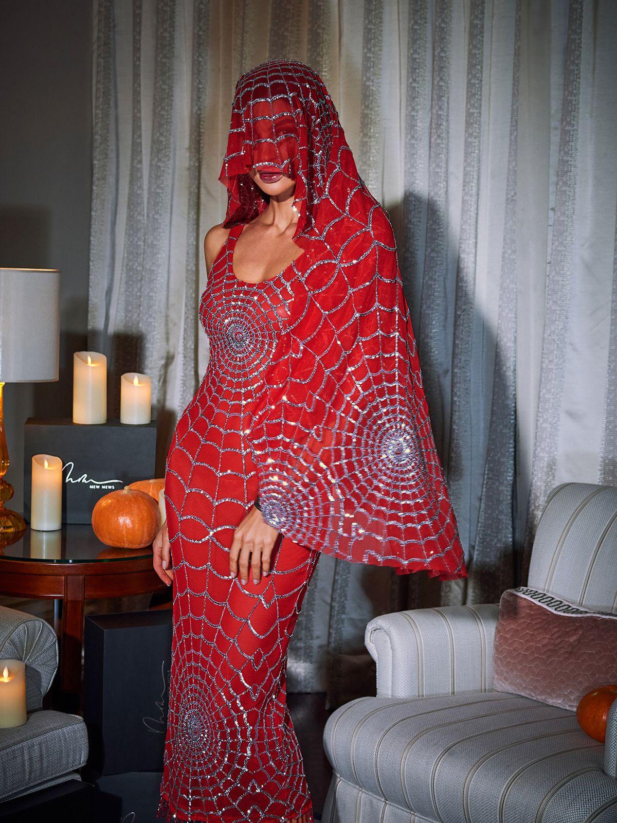 Radiant Red Cobweb Sequin Midi Dress with Scoop Neck by Calyx - Celestial Couture