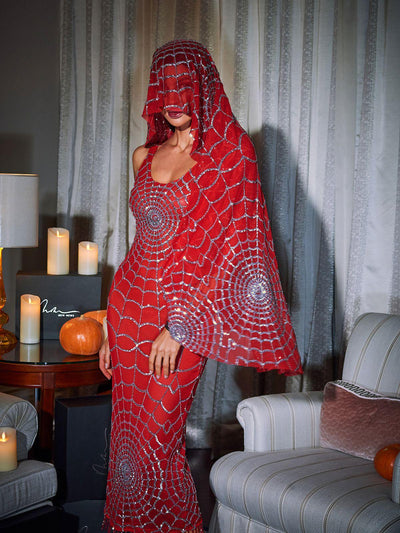 Radiant Red Cobweb Sequin Midi Dress with Scoop Neck by Calyx - Celestial Couture