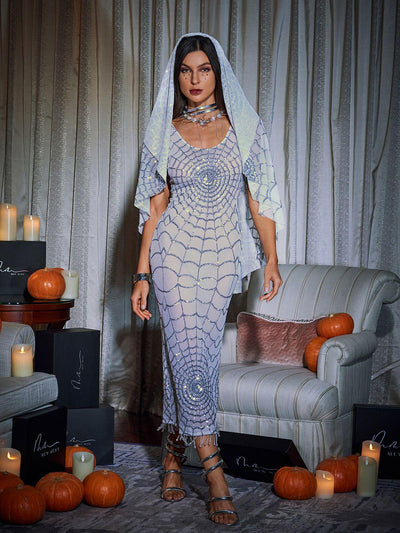 Elegant White Midi Dress with Calyx Scoop Neck and Stunning Cobweb Sequins - Celestial Couture