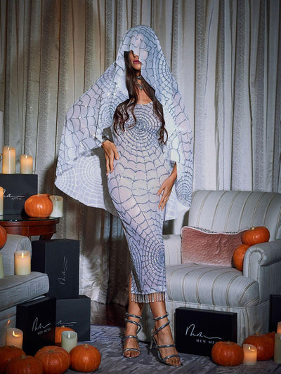 Elegant White Midi Dress with Calyx Scoop Neck and Stunning Cobweb Sequins - Celestial Couture