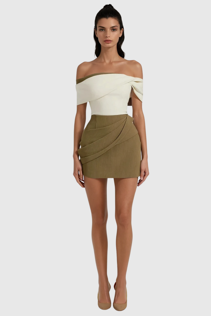 Candide Off Shoulder Ruch Mini Dress - Celestia Couture