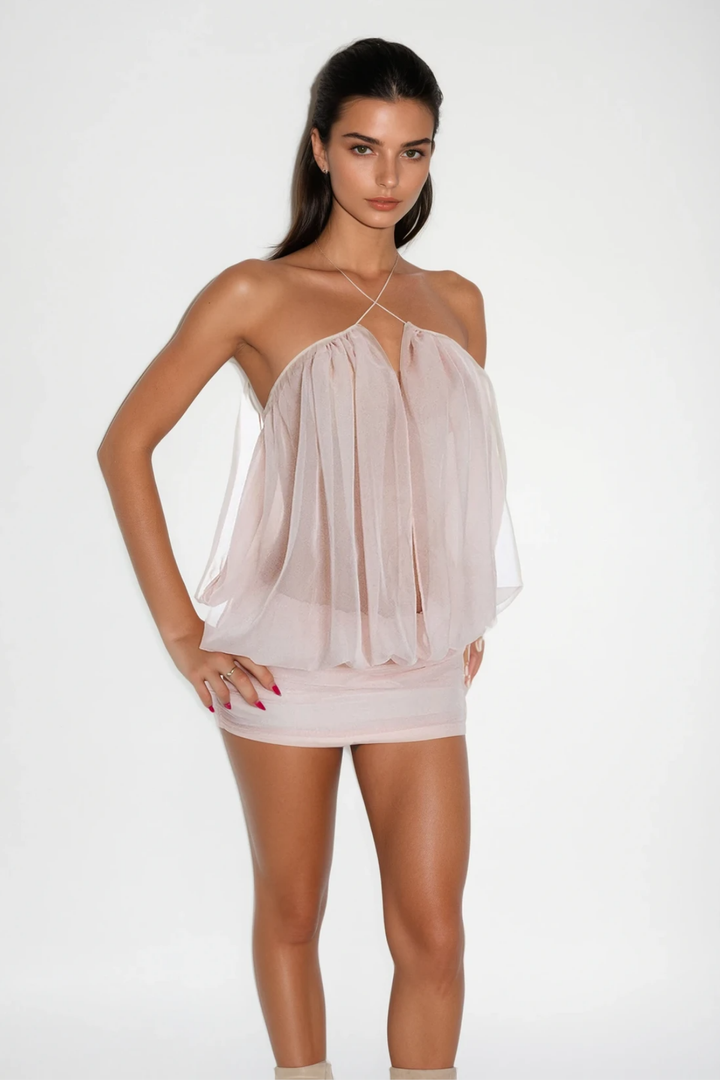 Carola Mesh Ruch Plunge Mini Dress - Celestia Couture