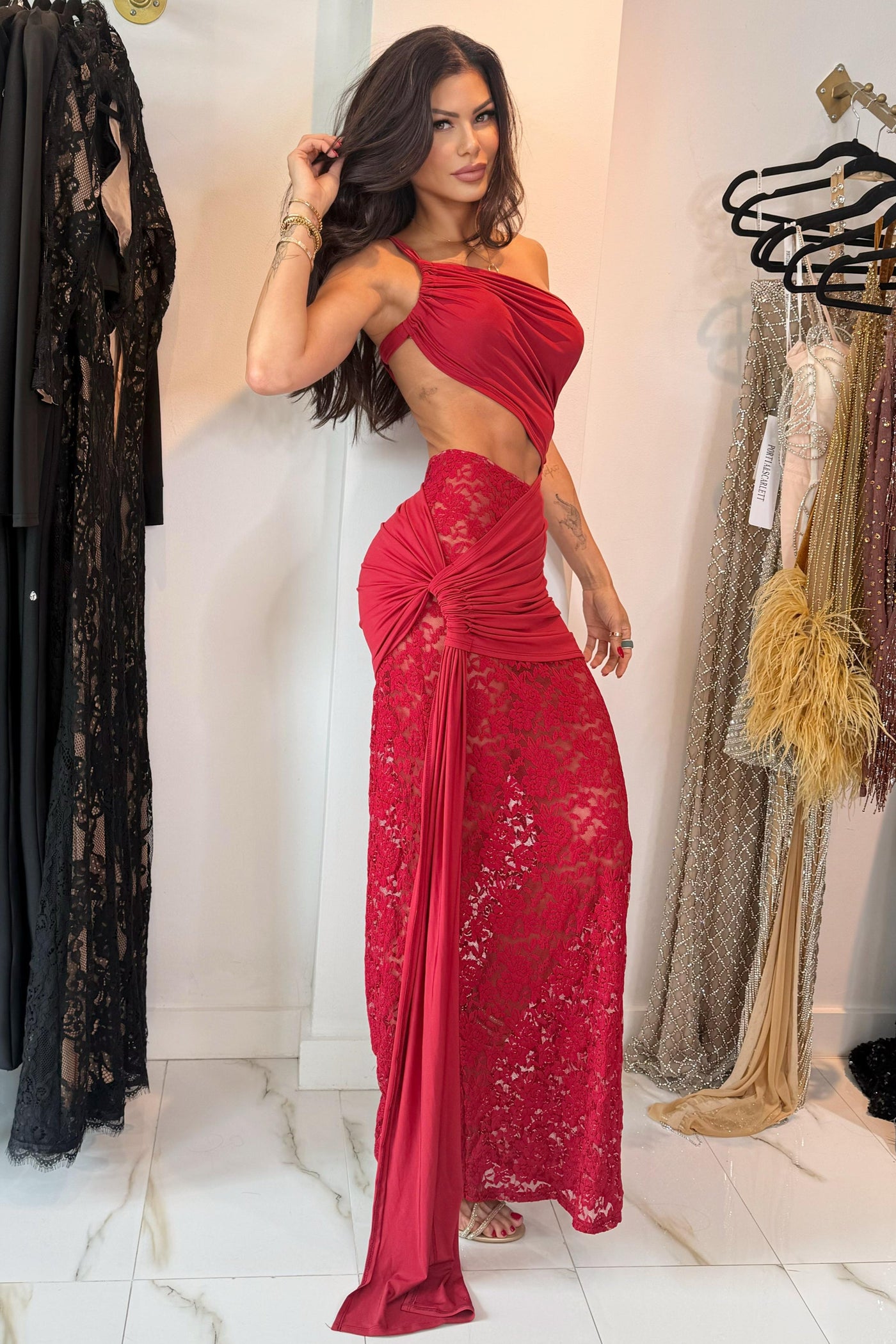 Seka Draped Cut Out Mini Dress With Lace Skirt
