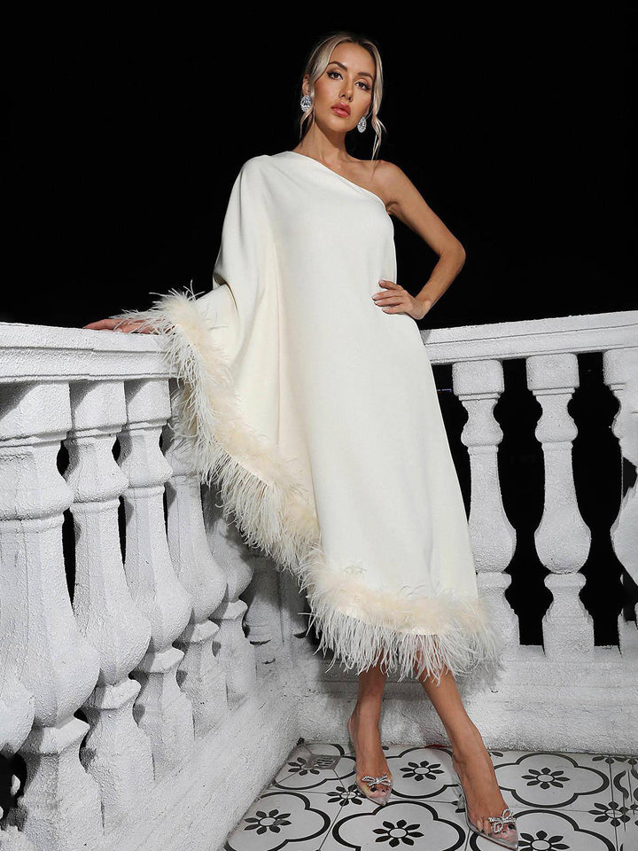 Elegant White Midi Dress with Chic One Shoulder and Feather Trim Details - Celestia Couture