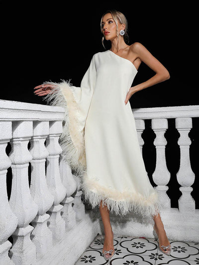 Elegant White Midi Dress with Chic One Shoulder and Feather Trim Details - Celestial Couture