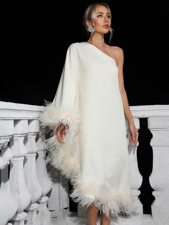 Elegant White Midi Dress with Chic One Shoulder and Feather Trim Details - Celestia Couture