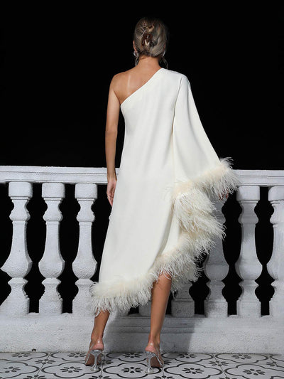 Elegant White Midi Dress with Chic One Shoulder and Feather Trim Details - Celestial Couture