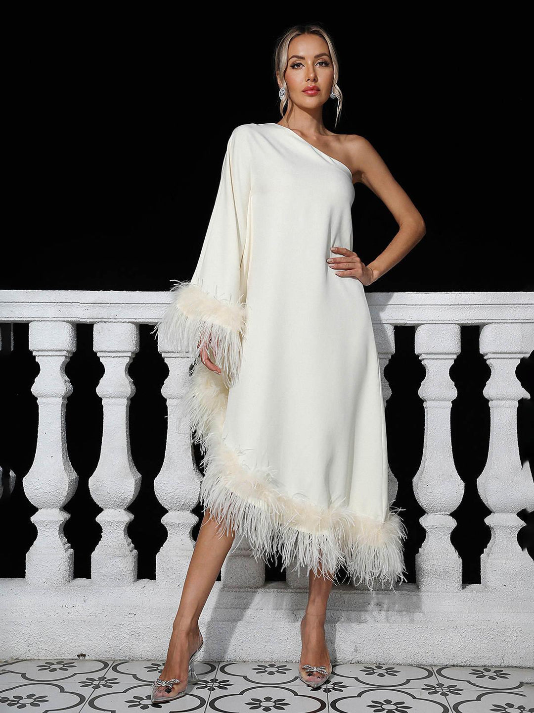 Elegant White Midi Dress with Chic One Shoulder and Feather Trim Details - Celestia Couture