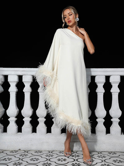 Elegant White Midi Dress with Chic One Shoulder and Feather Trim Details - Celestial Couture