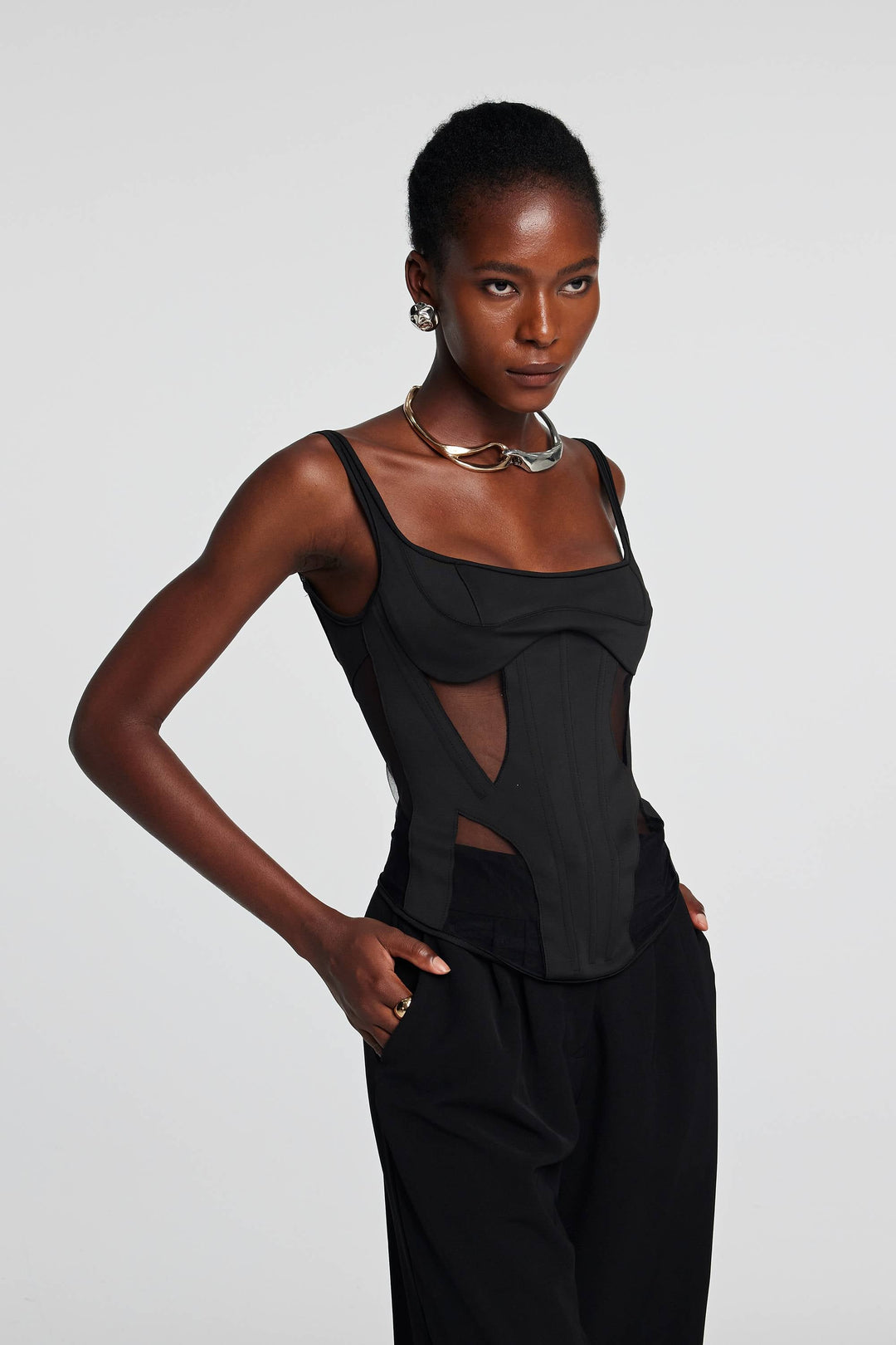 Chana Corset Mesh See Through Top In Black - Celestia Couture