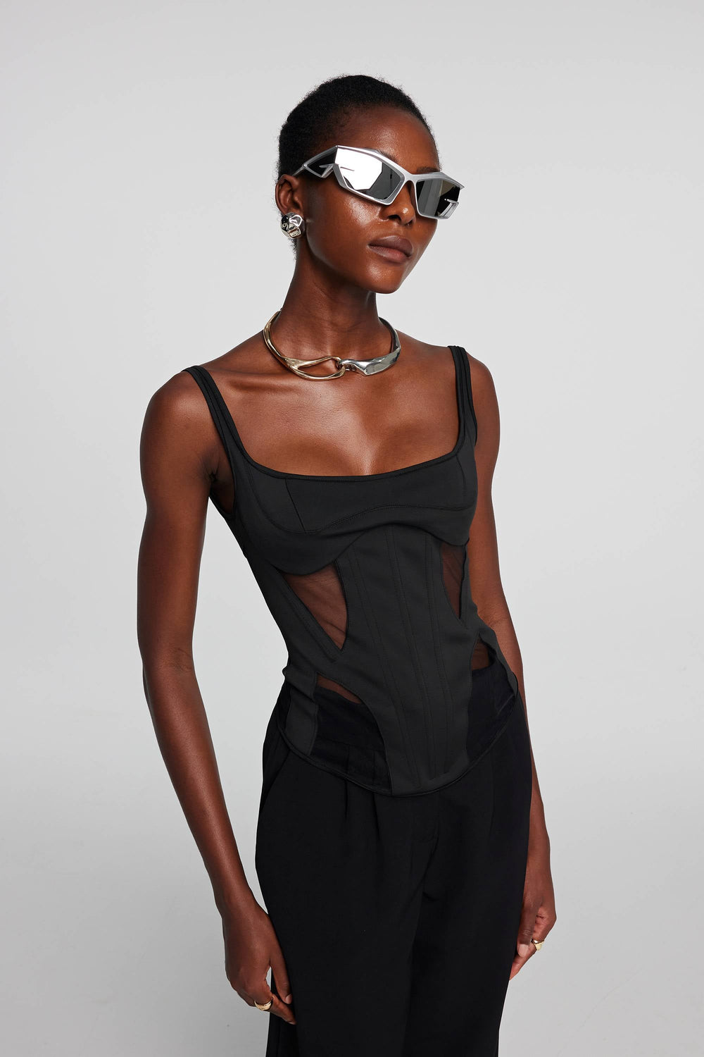 Chana Corset Mesh See Through Top In Black - Celestia Couture