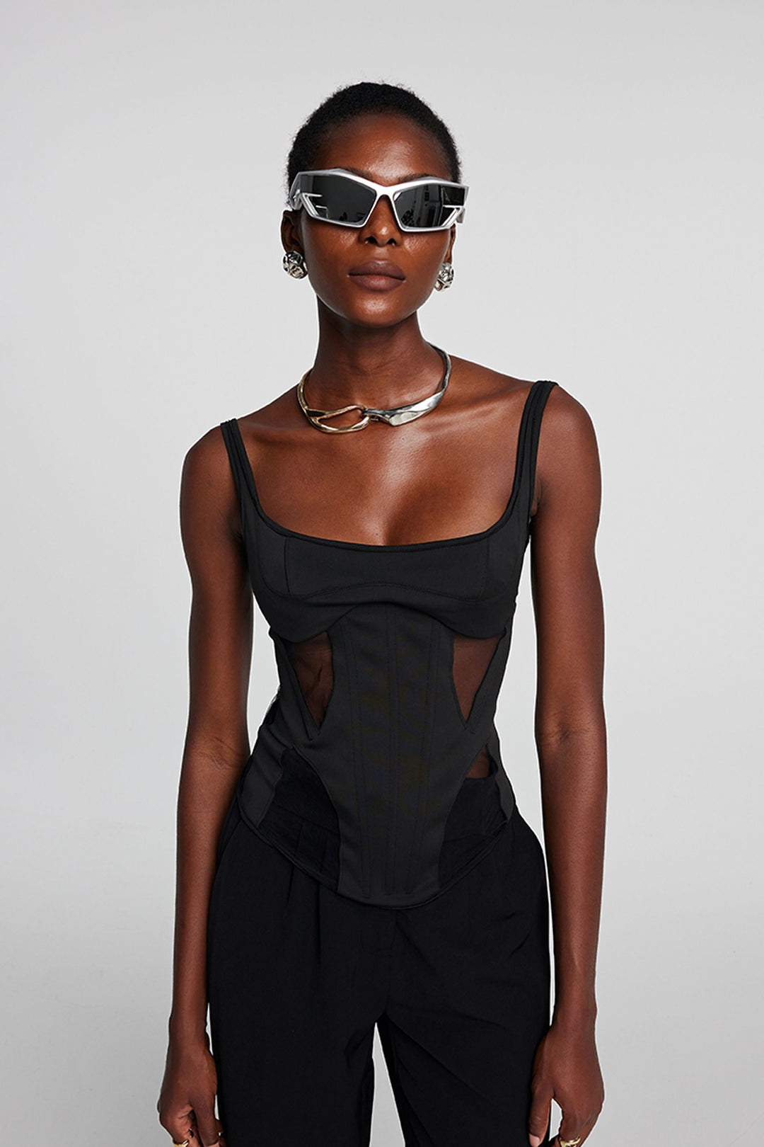 Chana Corset Mesh See Through Top In Black - Celestia Couture