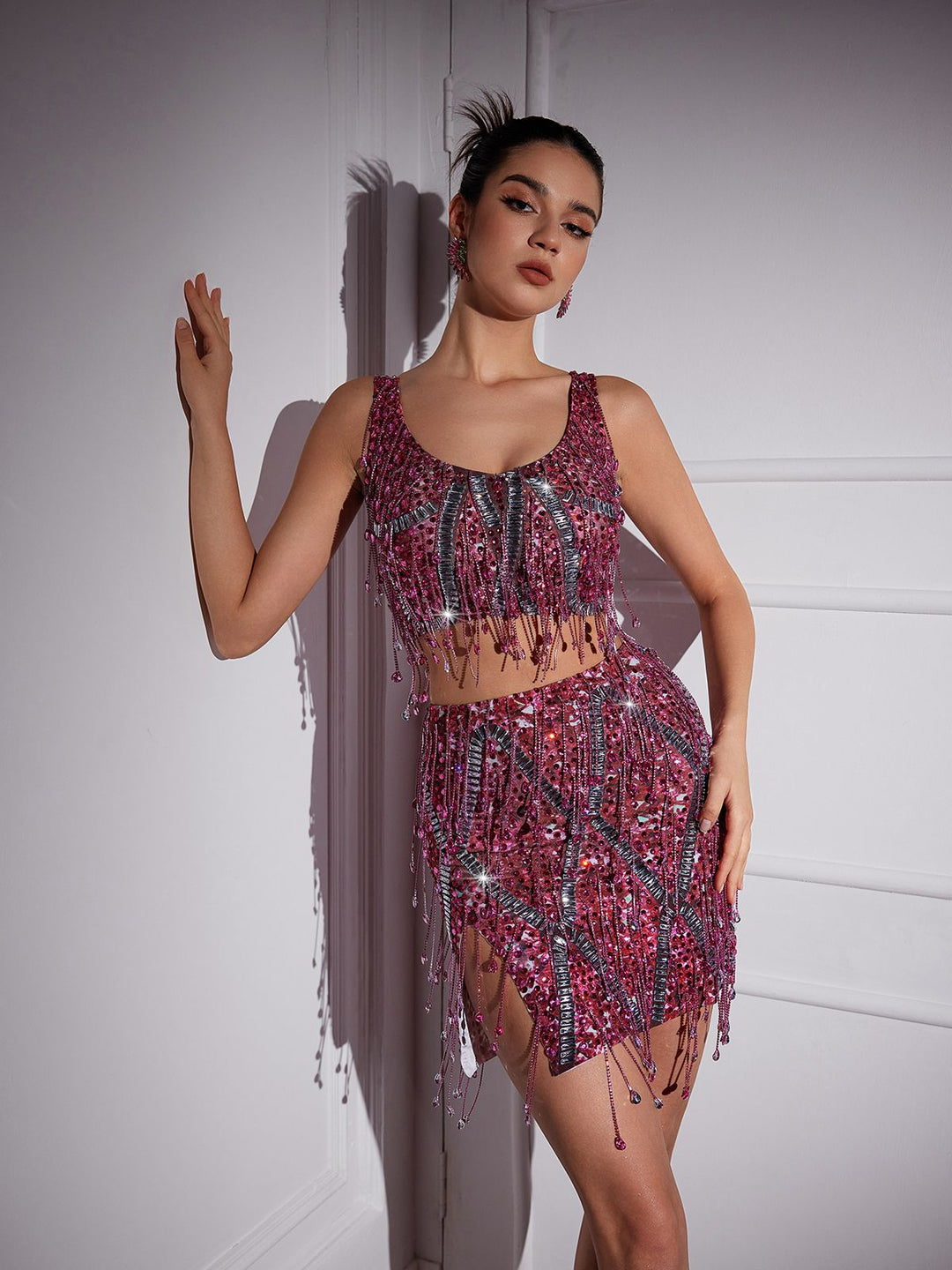Chic Pink Colette Crystal Chain Fringe Split Skirt Set - Celestia Couture