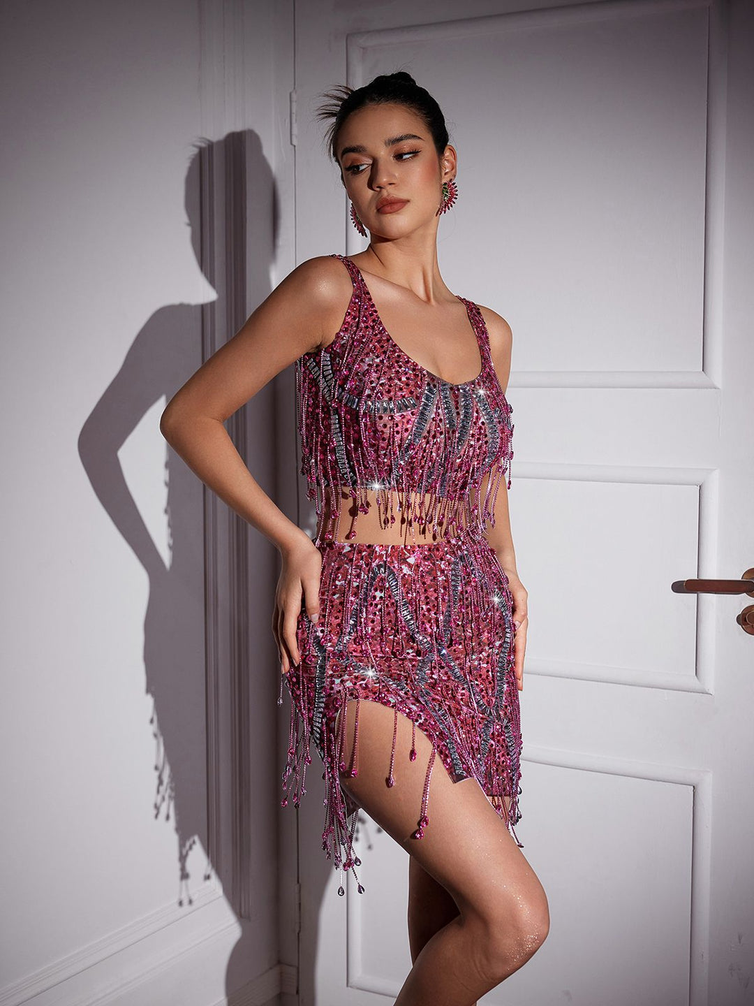 Chic Pink Colette Crystal Chain Fringe Split Skirt Set - Celestia Couture