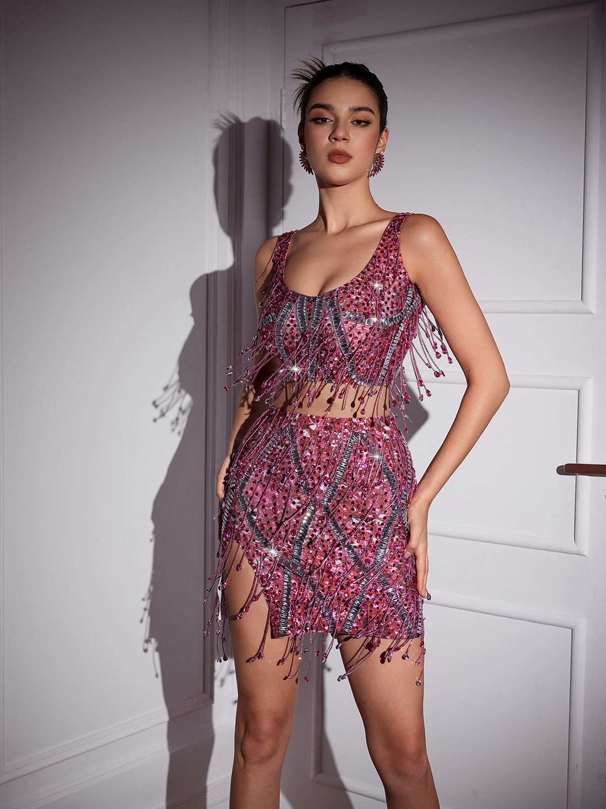 Chic Pink Colette Crystal Chain Fringe Split Skirt Set - Celestial Couture