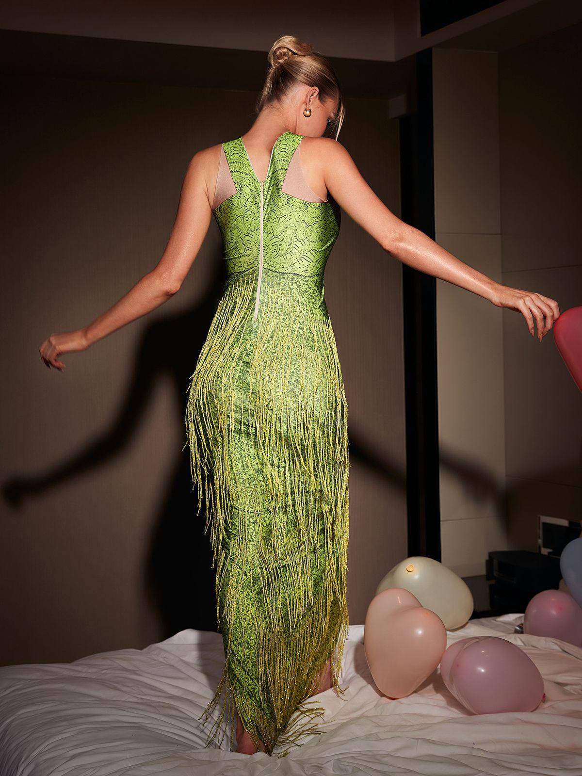 Enchanting Green Midi Dress with Floral Crystal Fringe Details - Celestial Couture
