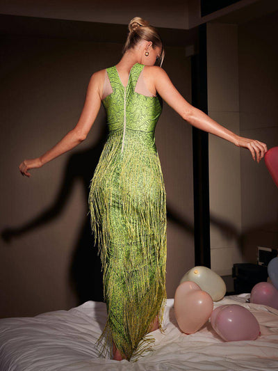 Enchanting Green Midi Dress with Floral Crystal Fringe Details - Celestial Couture
