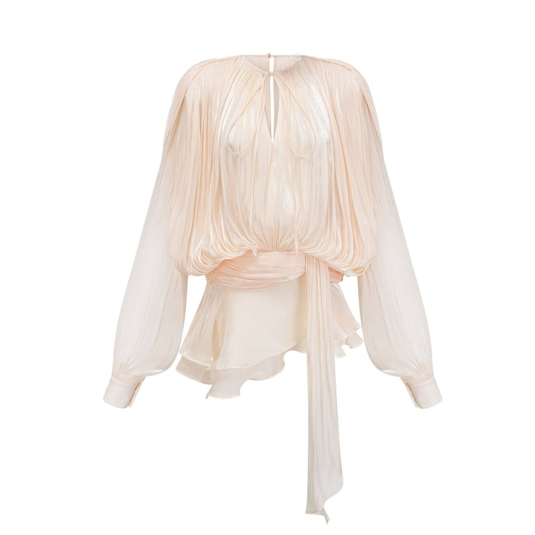 Eugénie fully-pleated ruffled mini dress in Neutrals - Celestia Couture