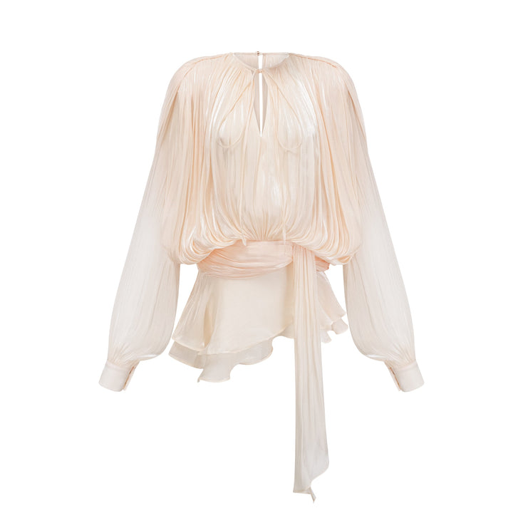 Eugénie fully-pleated ruffled mini dress in Neutrals - Celestia Couture