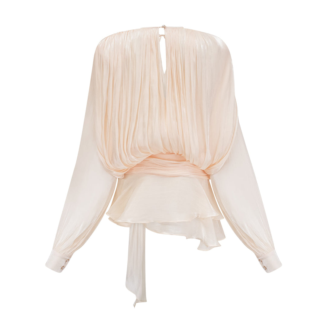 Eugénie fully-pleated ruffled mini dress in Neutrals - Celestia Couture