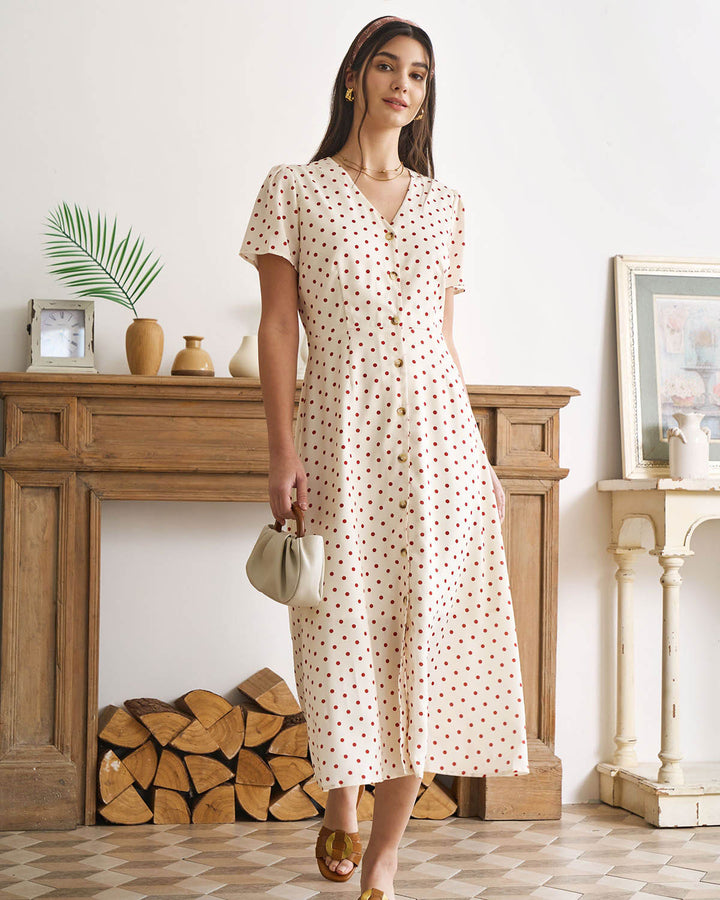 The Beige V Neck Polka Dot Button Midi Dress - Celestia Couture