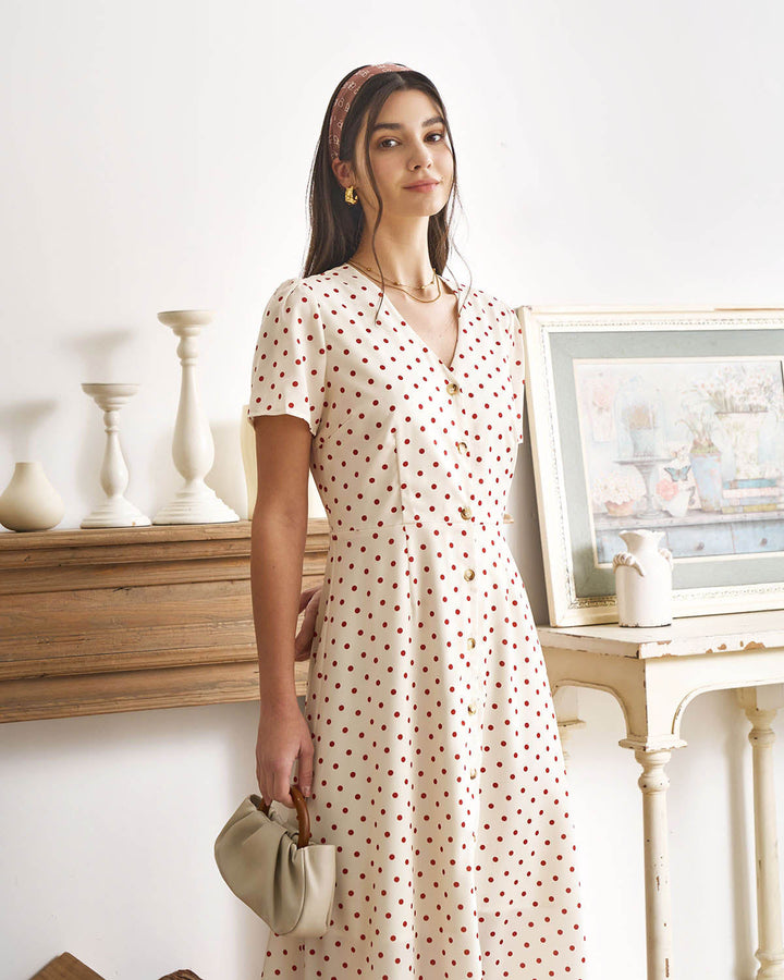 The Beige V Neck Polka Dot Button Midi Dress - Celestia Couture