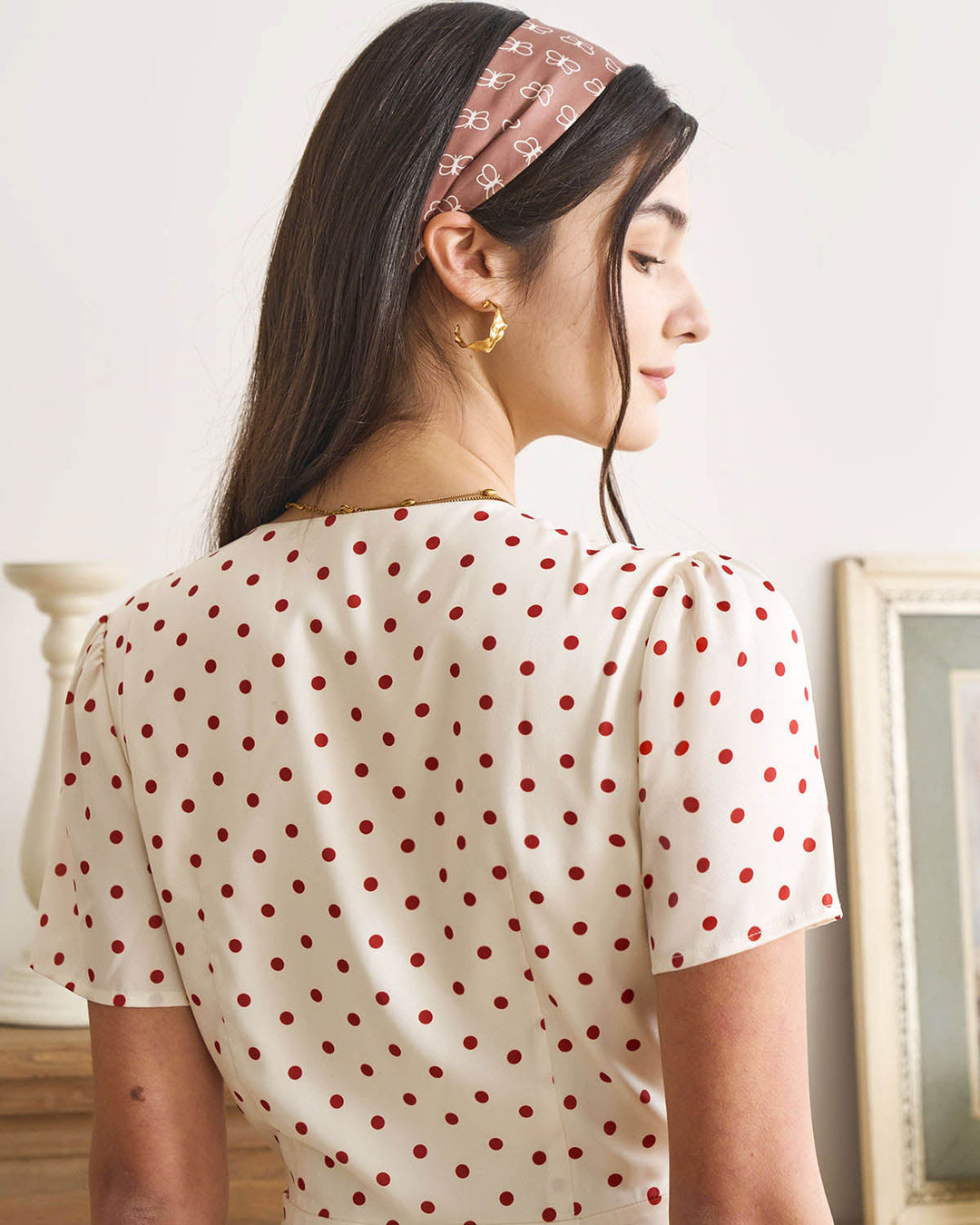The Beige V Neck Polka Dot Button Midi Dress - Celestia Couture