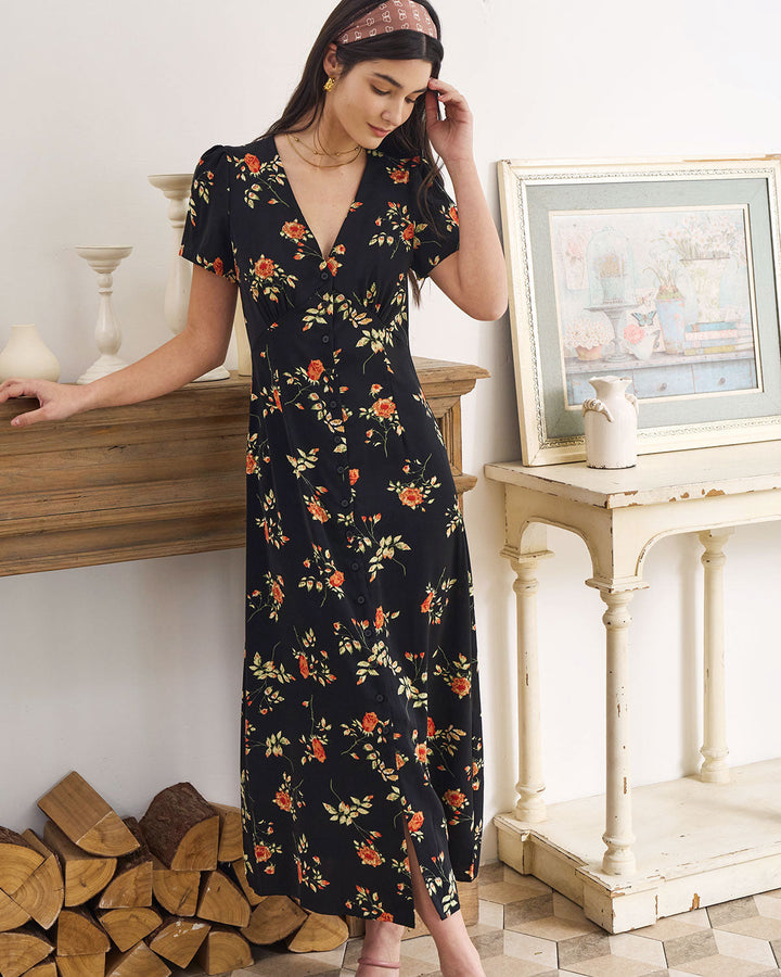 The Black V Neck Floral Short Sleeve Maxi Dress - Celestia Couture