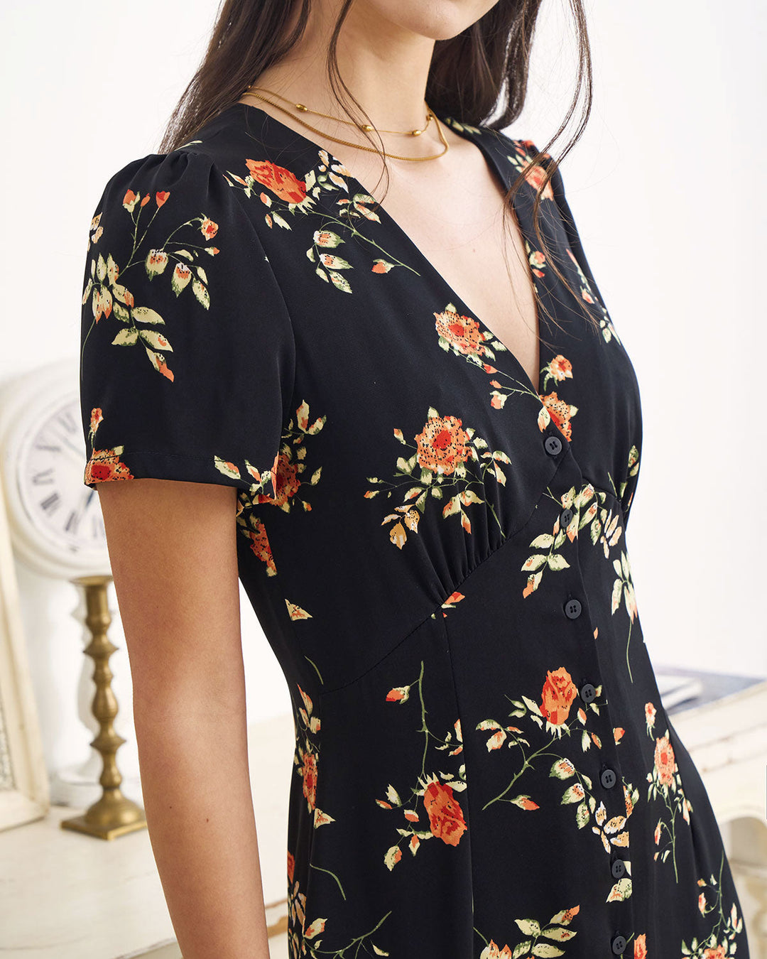 The Black V Neck Floral Short Sleeve Maxi Dress - Celestia Couture